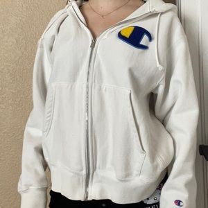 White yellow and blue Champion zip up hoodie